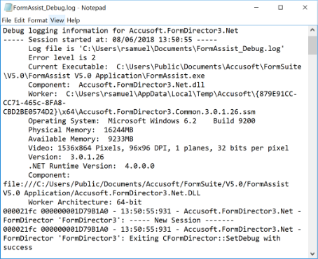 Example of a debug log