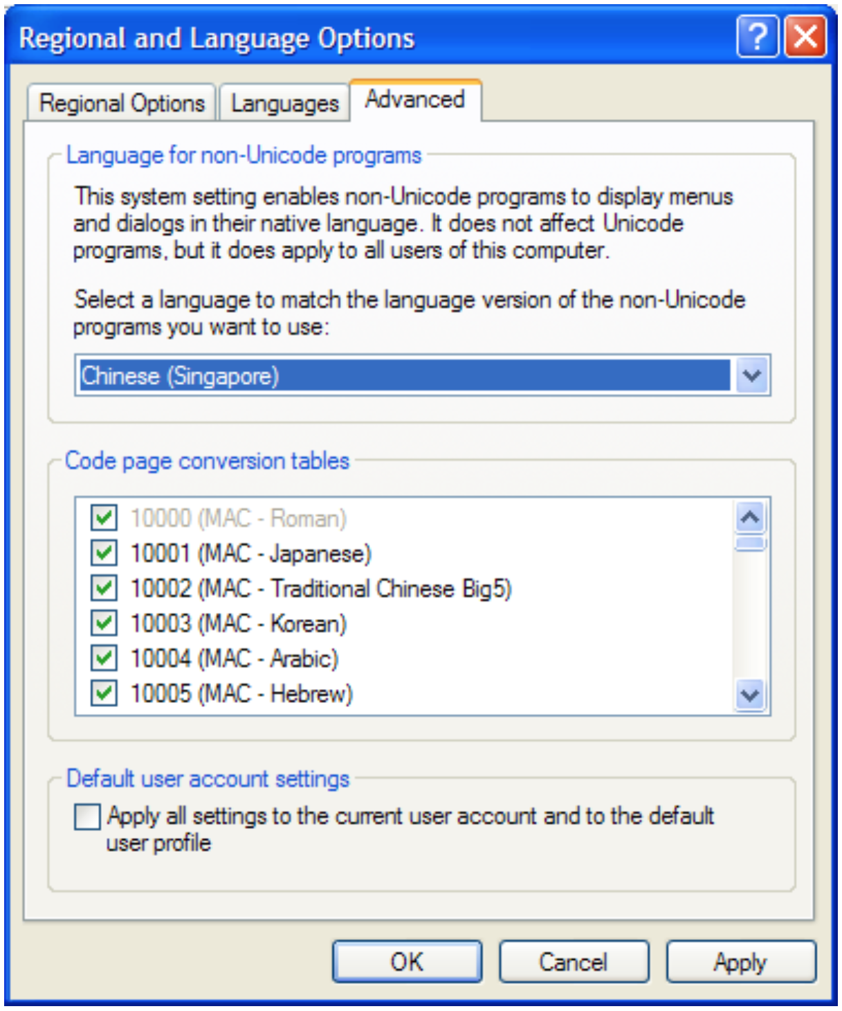 Regional and Language dialog box Advanced tab