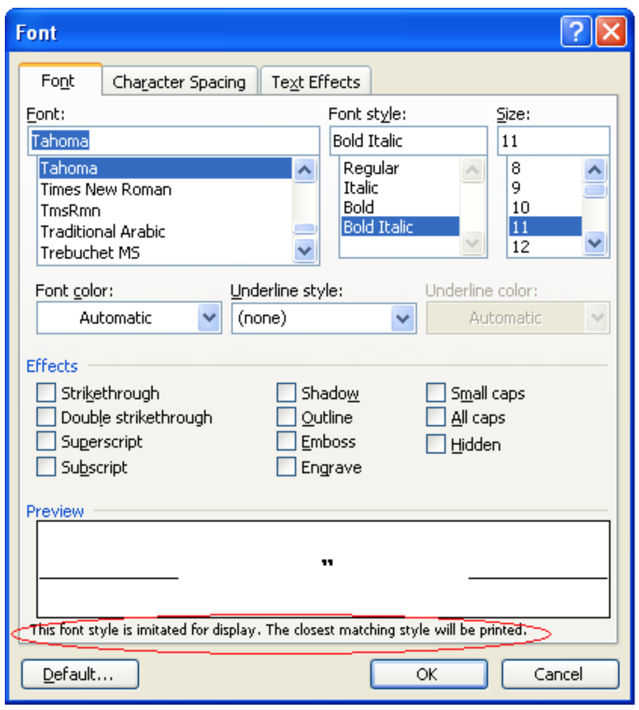 Font Properties dialog example